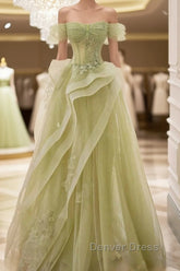 A-Line Off Shoulder Green Lace Long Prom Dresses, Green Formal Dresses